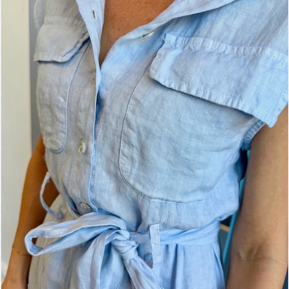Light Blue Linen Tie-Waist Shirt Dress